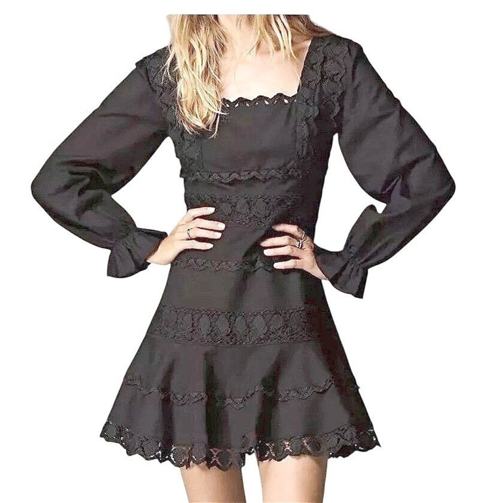 Endless Rose Black Lace Trim Tiered Mini Dress Square Neck Long Sleeve Womens M